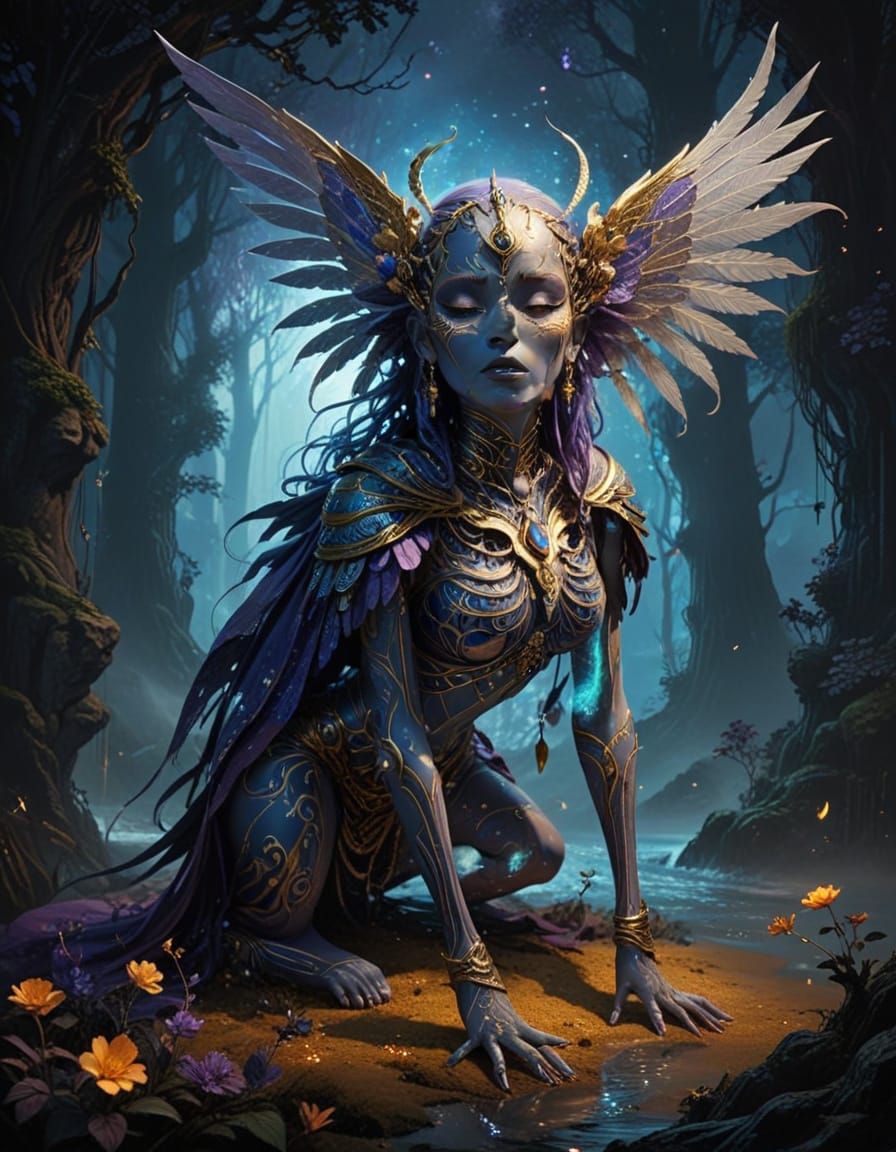 Ethereal Fantasy Woman in Golden Pointillism