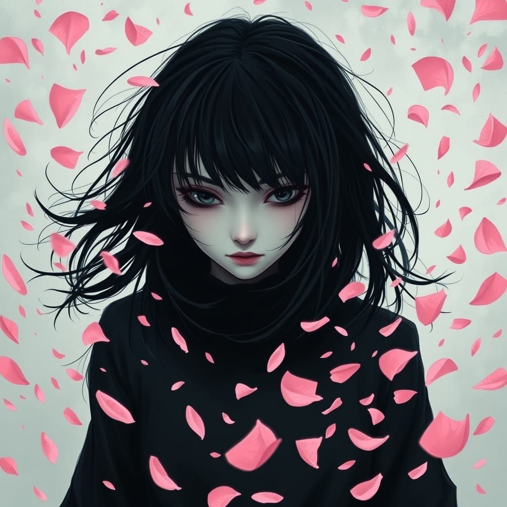Ethereal Emo Girl Surrounded by Whirling Sakura Petals