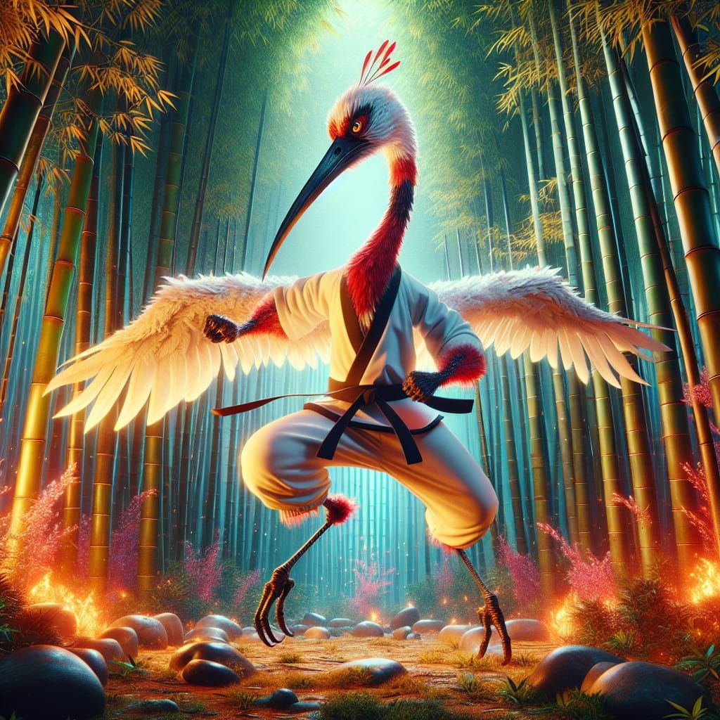 anthropomorphic crane practicing a graceful karate kata in a serene bamboo forest