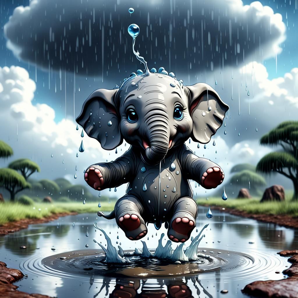 Miniature Elephant's Rainy Day Joy: 3D Rendered Scene