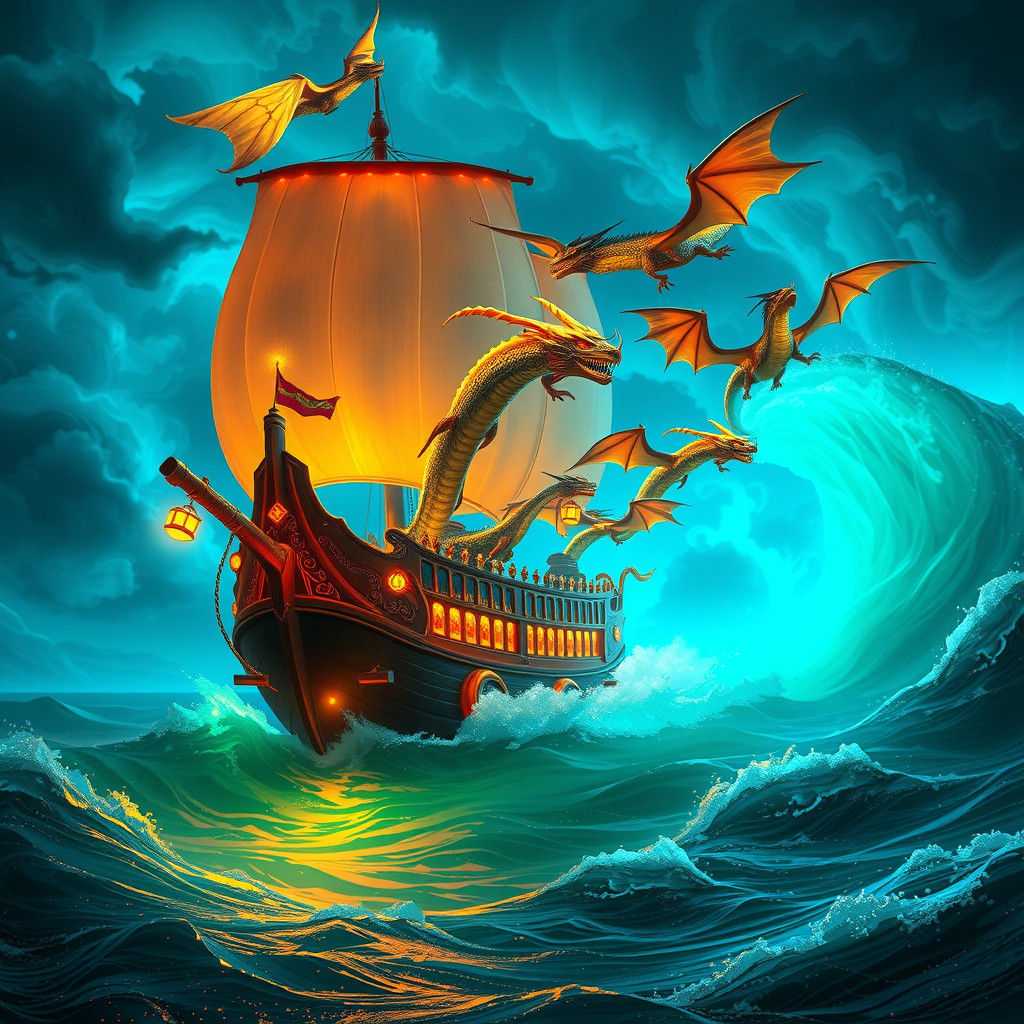 Fiery Ship Sails Fluorescent Sea in Anime Style