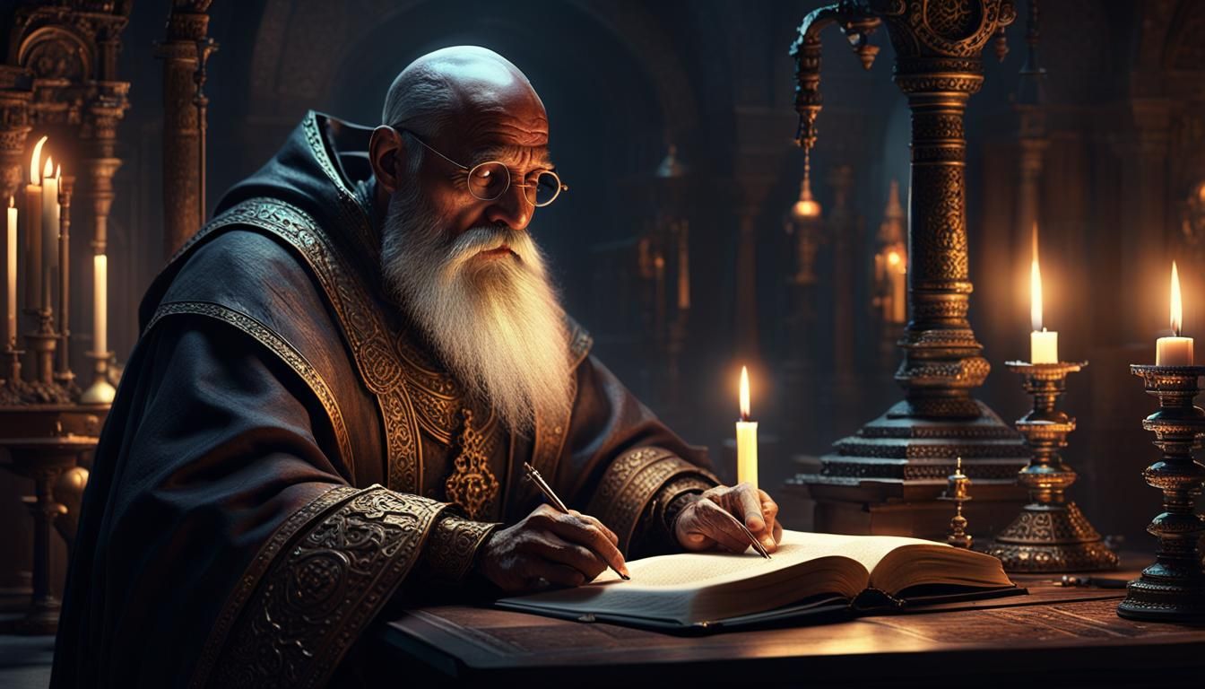Monk Writing by Candlelight in Ancient Convent