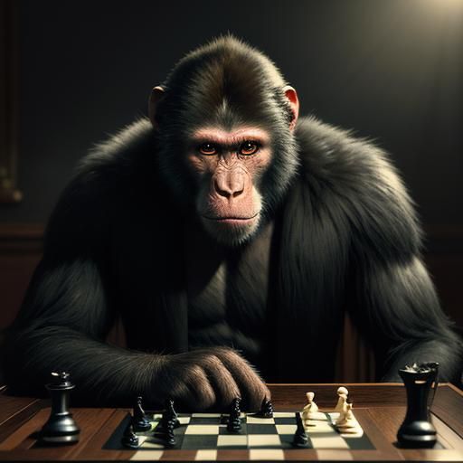 Monkey Plays Chess in Golden Light, Cinematic Still