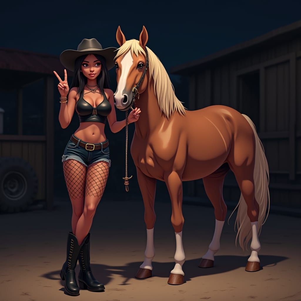 Anime-Inspired Woman Interacts with Light Brown Horse in Dar...