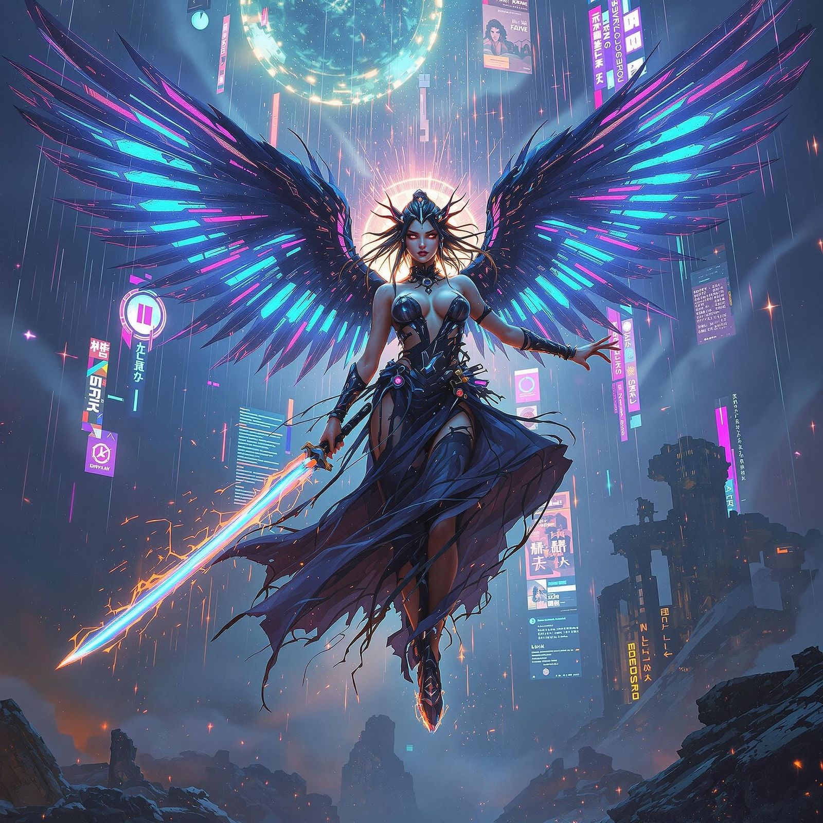 Cyberpunk Valkyrie Descending in Digital Rain