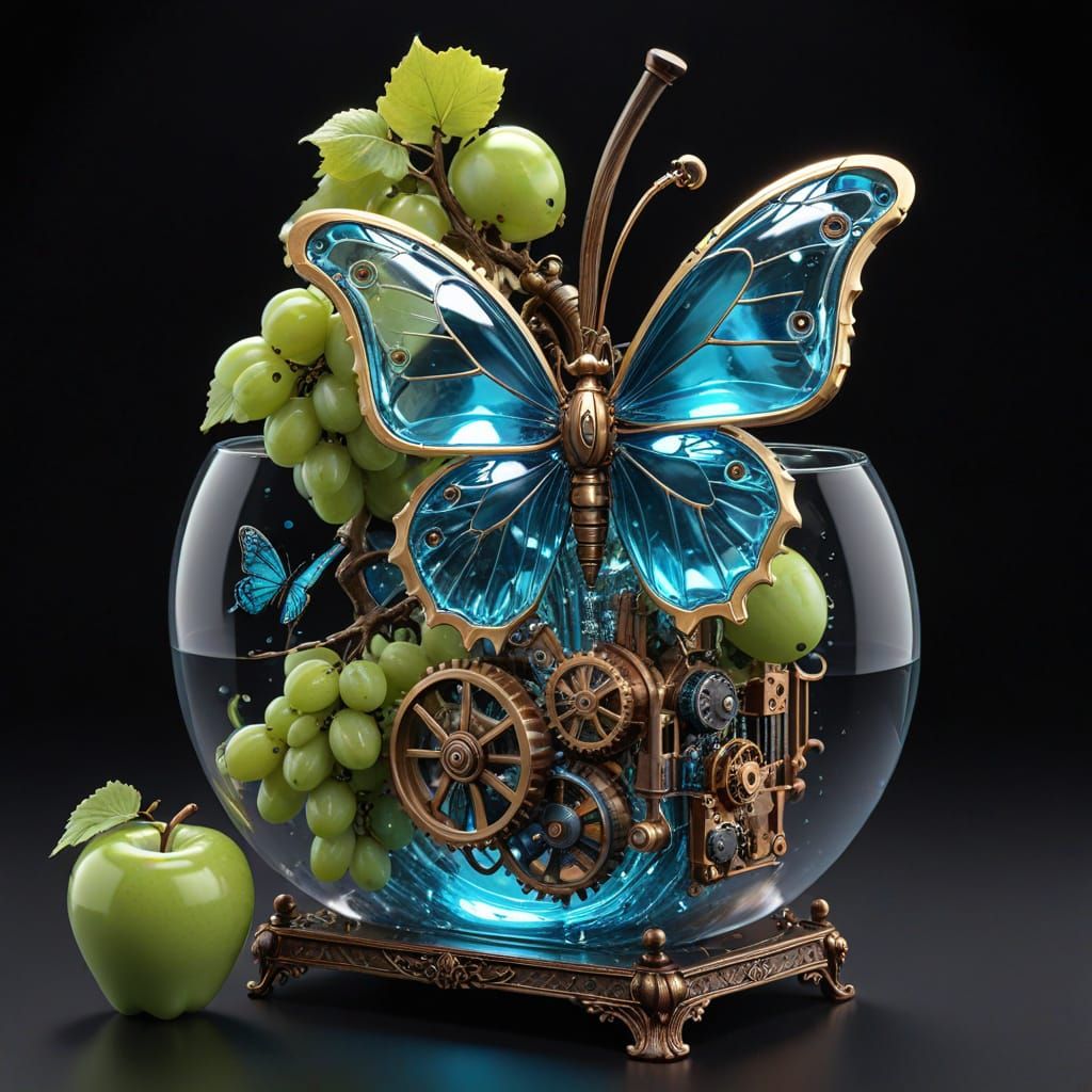 Steampunk Butterfly Emerging from Crystal Glass