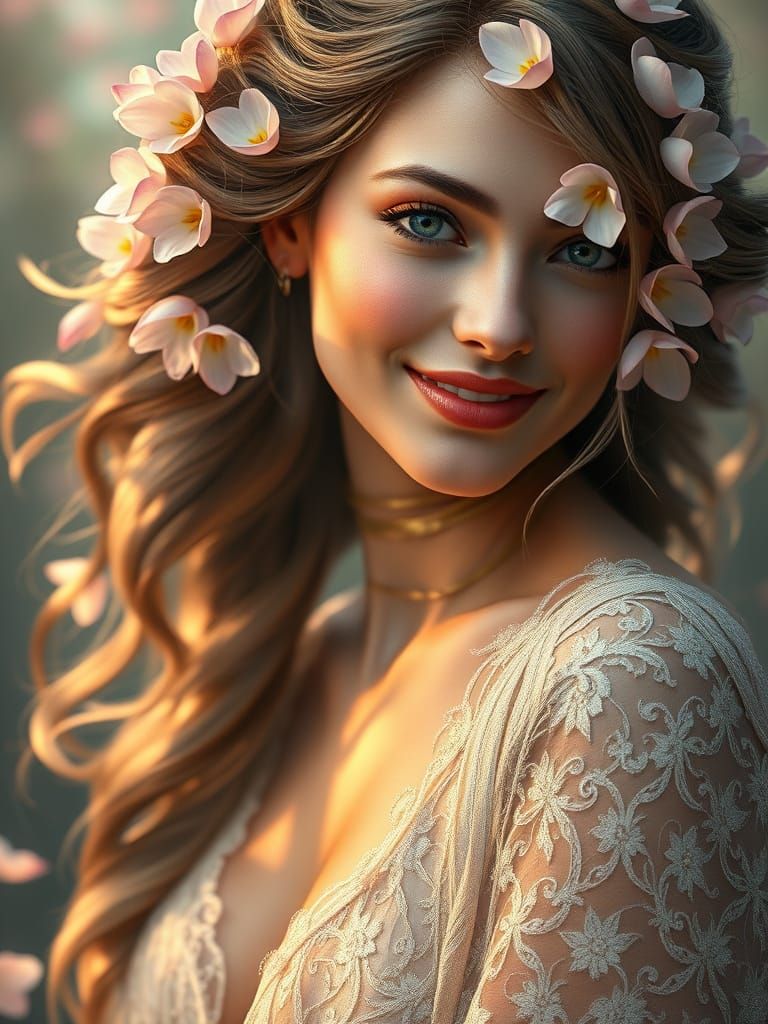 Ethereal Woman with Flowers: Art Nouveau Portrait