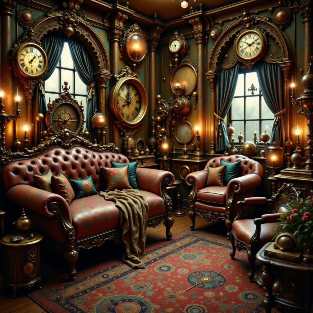 Ornate Victorian Steampunk Sitting Room with Gears