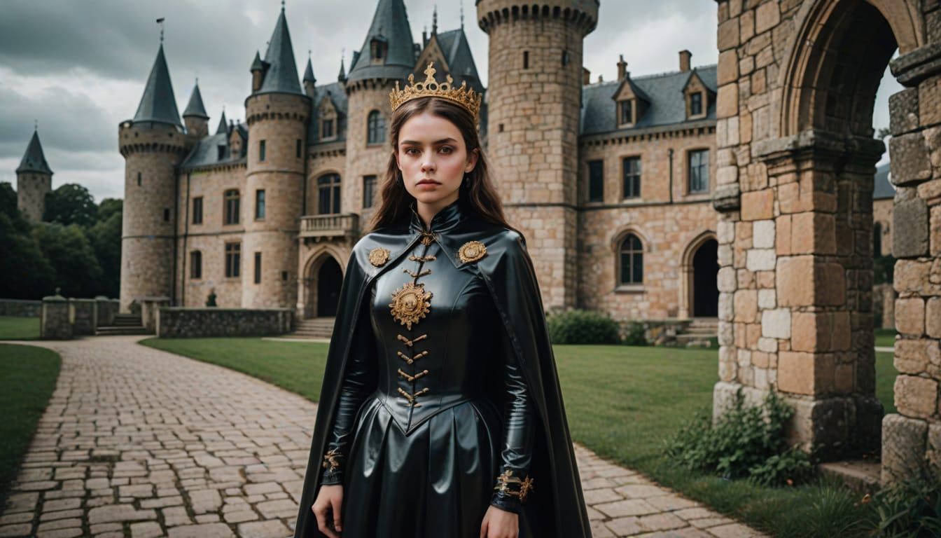 Young Girl in Victorian Latex Attire on Ancient Castle Ruins