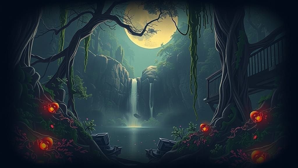 Mystical Forest Under Moonlight in Vibrant Psychedelic Style