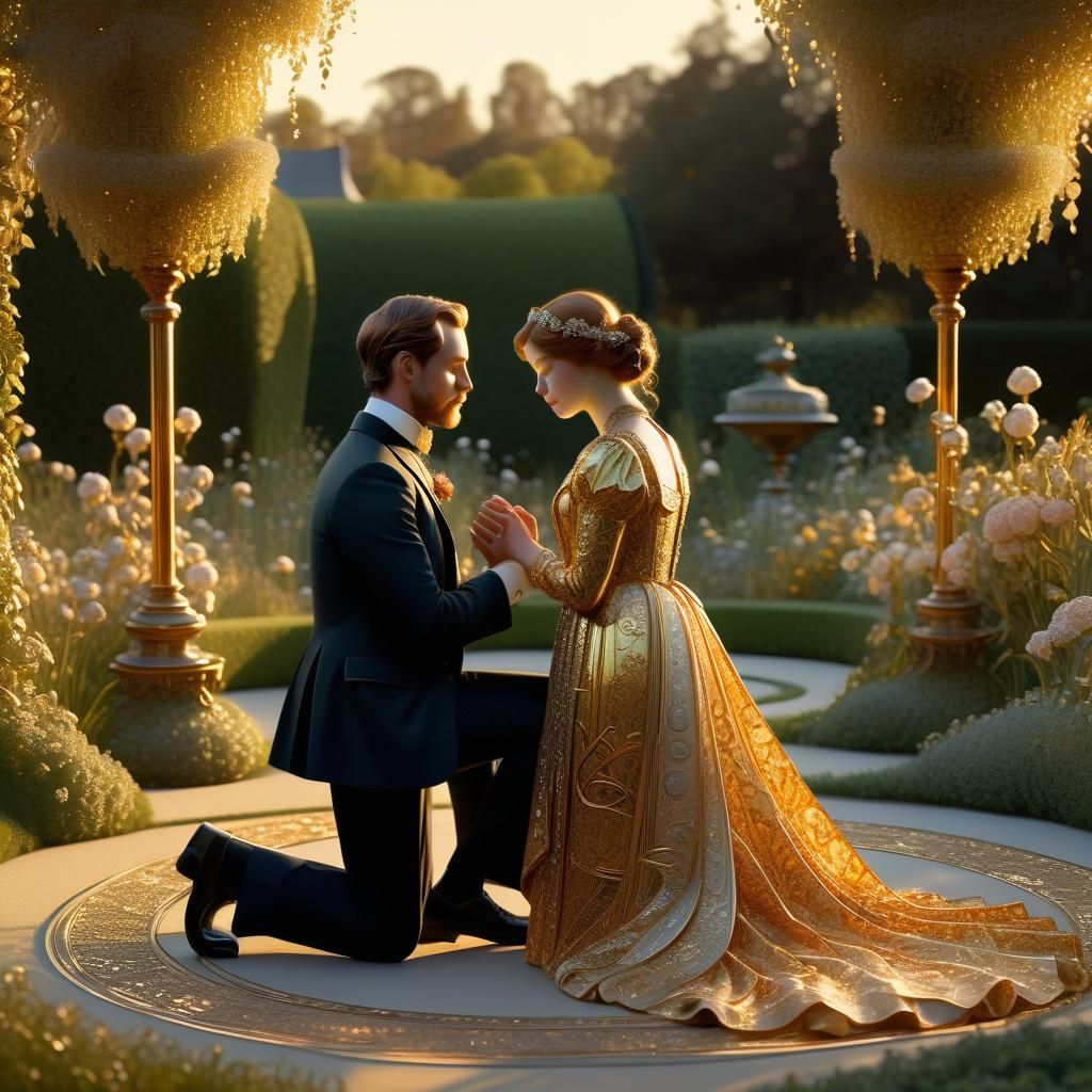 Art Nouveau Suitor Proposing in Lavish Garden