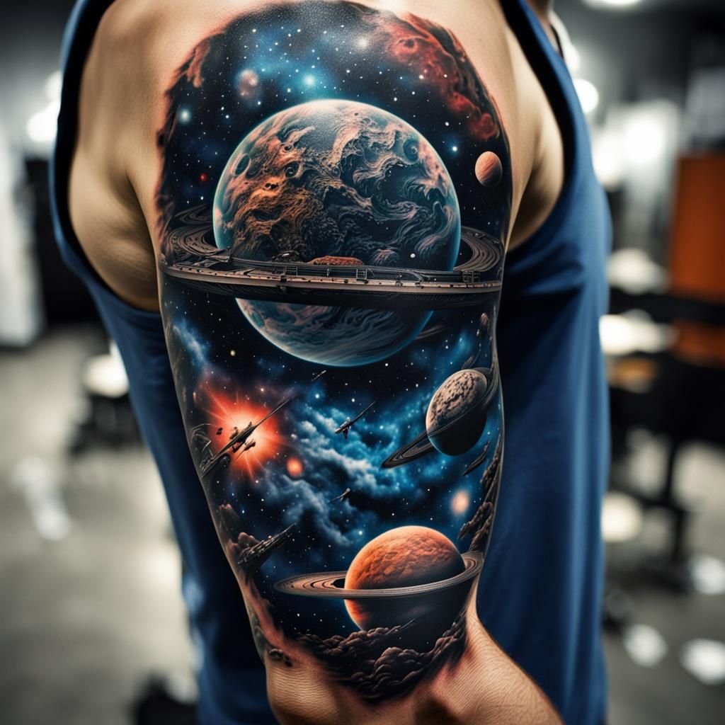 Space Arm Tattoo: Hyperrealistic 64 Megapixel Detail