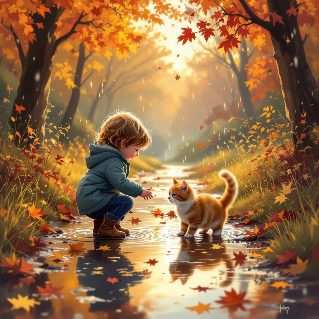 Child and Ginger Cat Play in Autumn Puddles