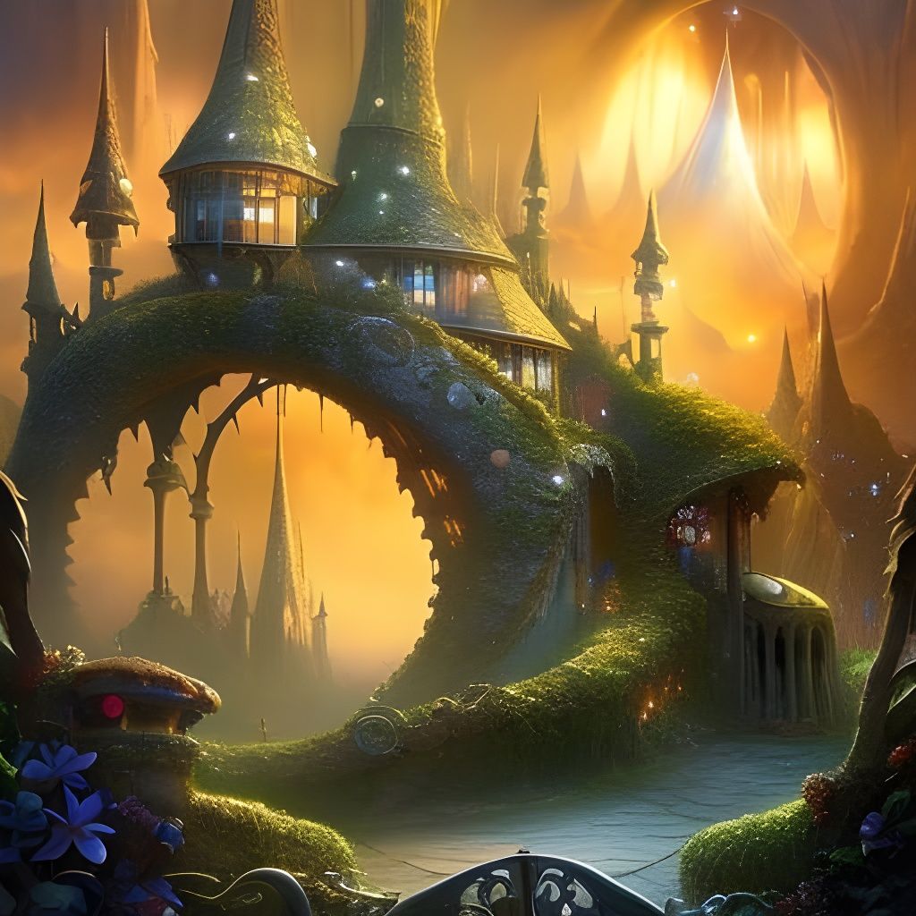 Fairytale City in Clouds with Luminous Houses