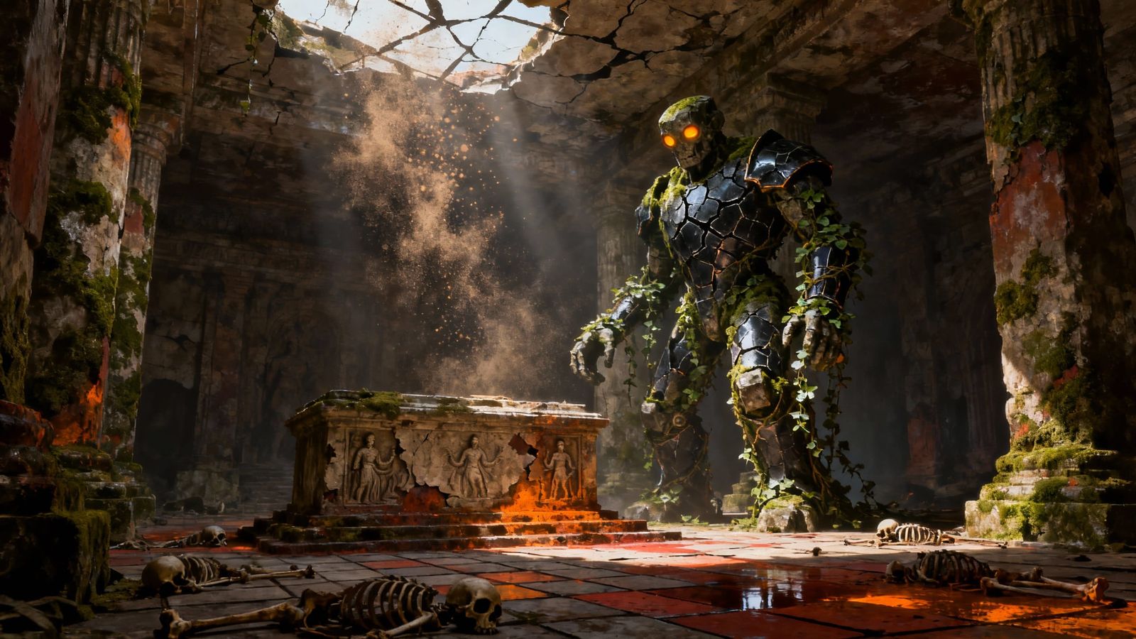 Stone Golem Guards Forgotten Temple in Dark Fantasy Style