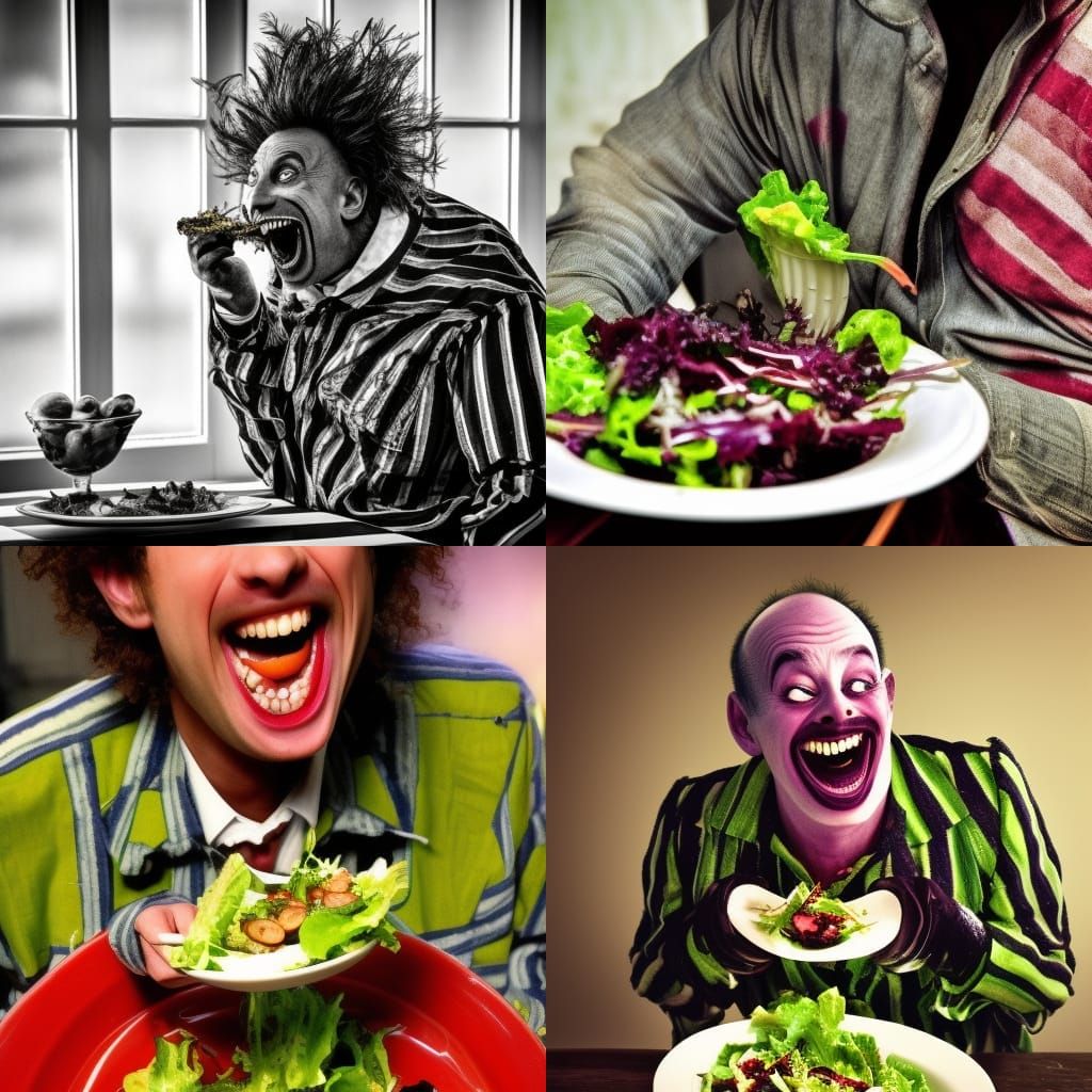 Hyperrealistic Beetlejuice Laughing and Eating Salad