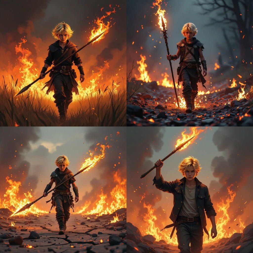 Blond Boy Walks Through Fire With Flaming Spear