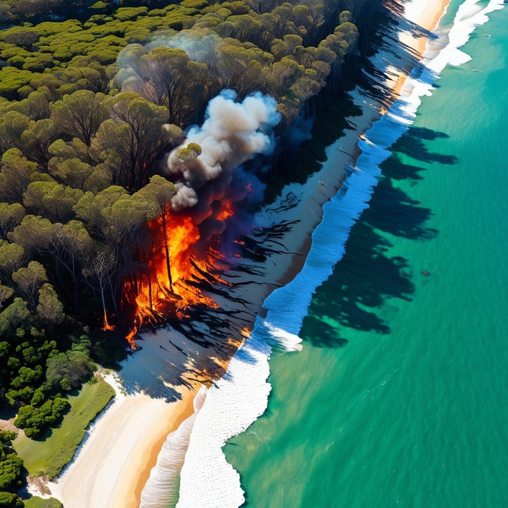 Aerial View of Beach Bushfire Overlooking Ocean