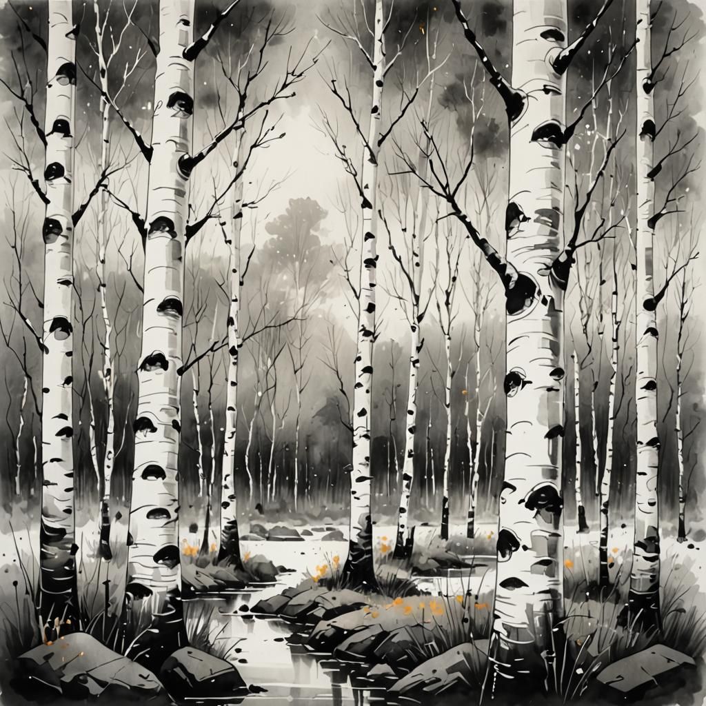 Detailed Black and White Birch Ink Painting