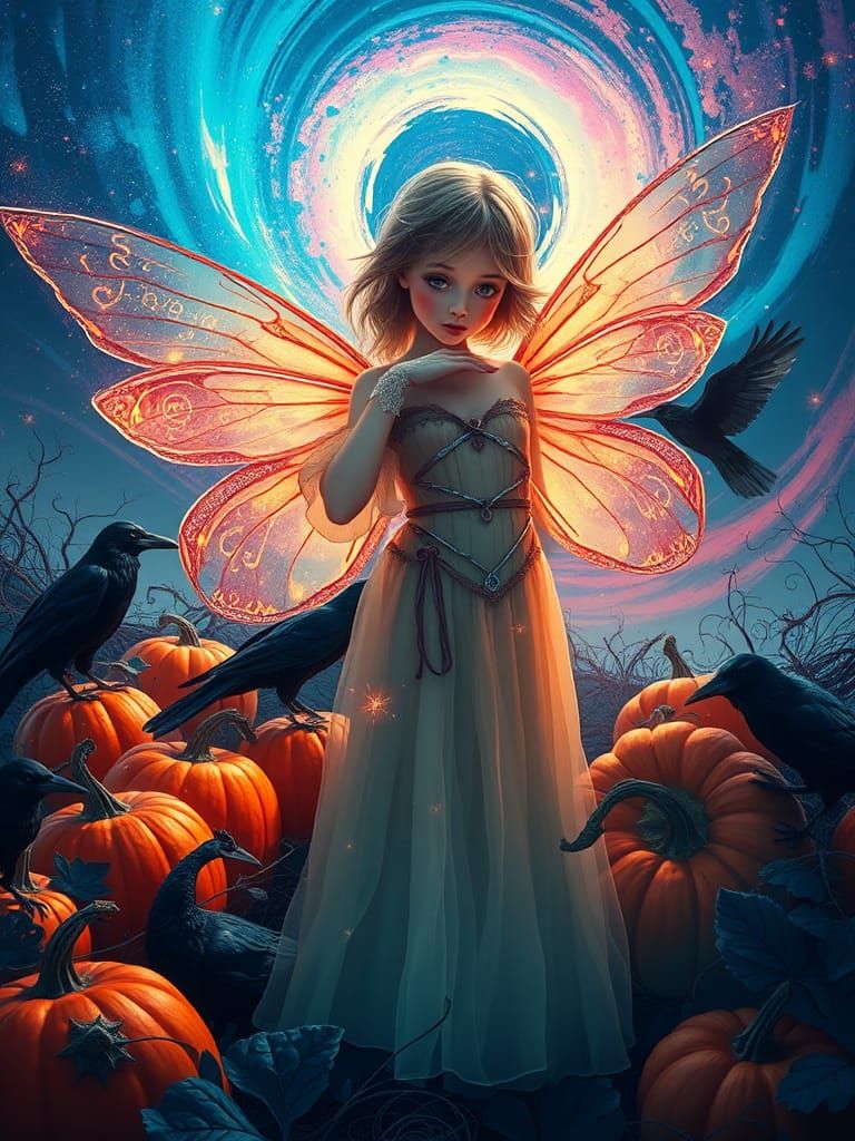 Fairy Surrounded by Pumpkins in a Mystical Landscape
