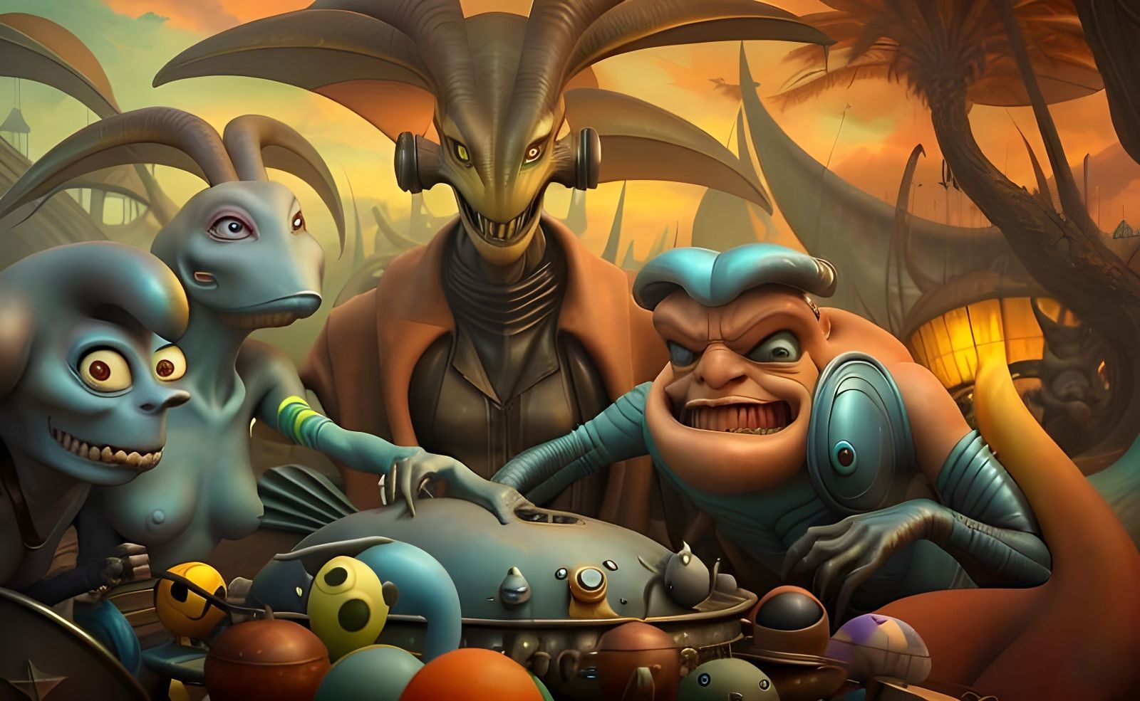 Alien Cartoon Party with Slugs, Surreal 3D Render