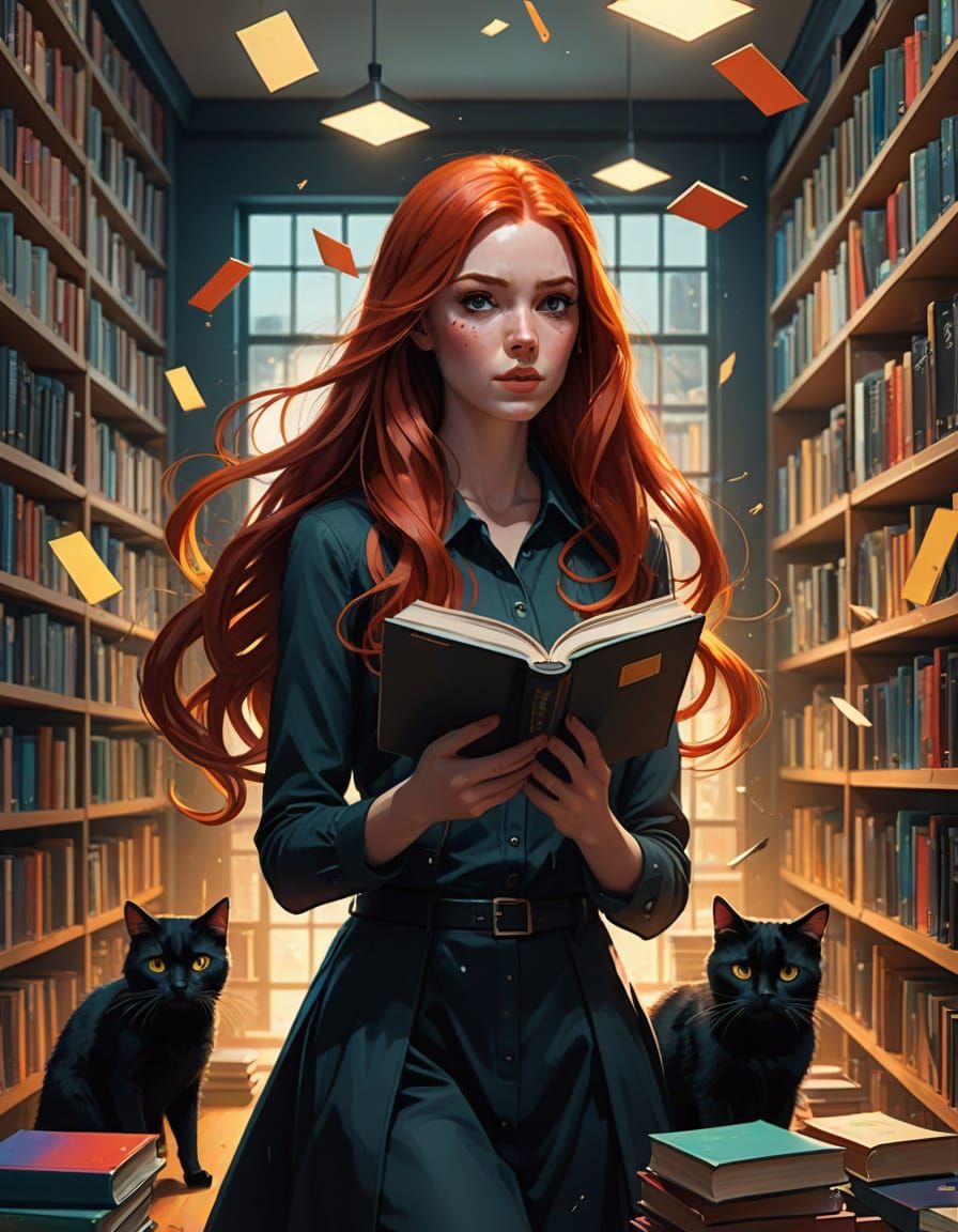 Surprised Woman in Library with Floating Books