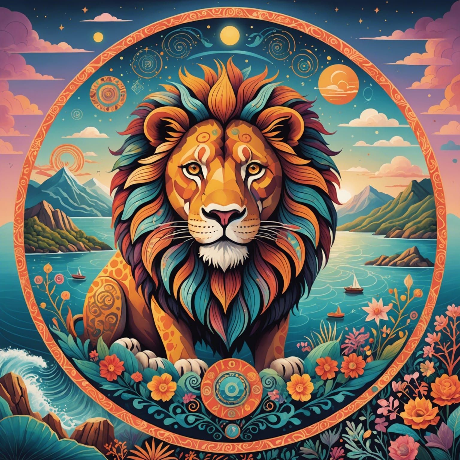 Whimsical Lion Circle: A Cosmic Dreamscape
