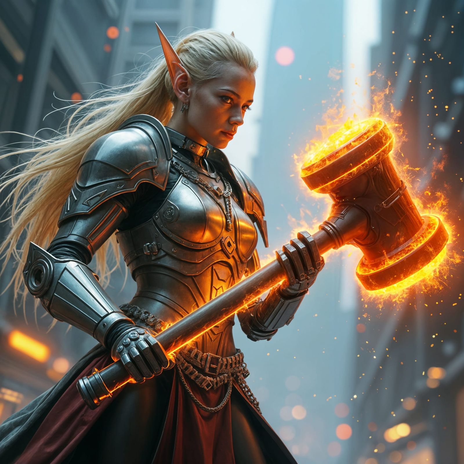 Cyberpunk Elf Warrior in Dystopian City