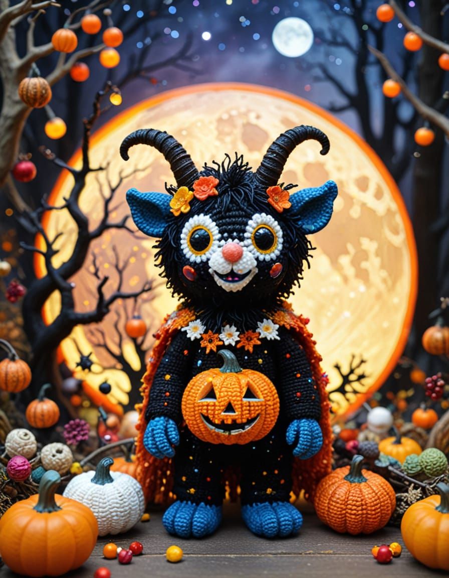 Krampus Crochet Figure with Starry Sky in Klimt Style