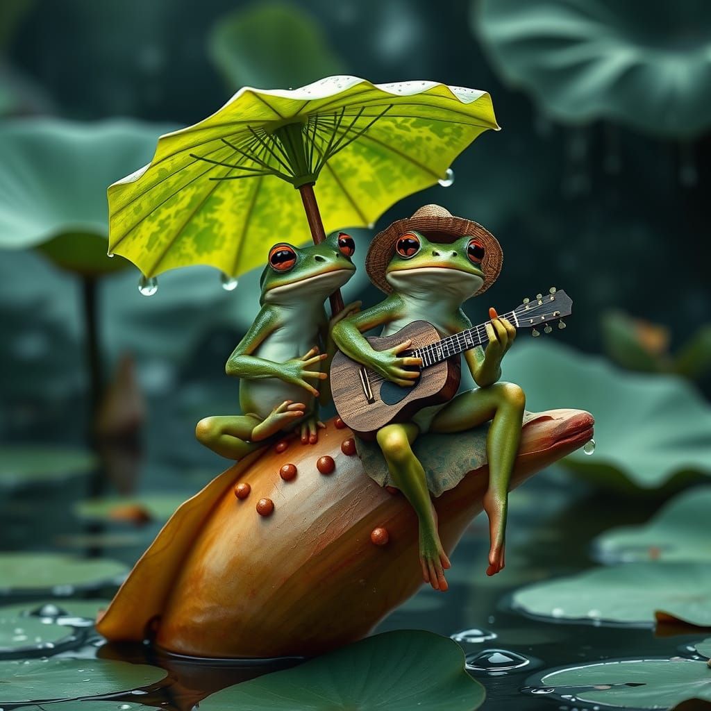 Anthropomorphic Tree Frogs in Jungle Scene