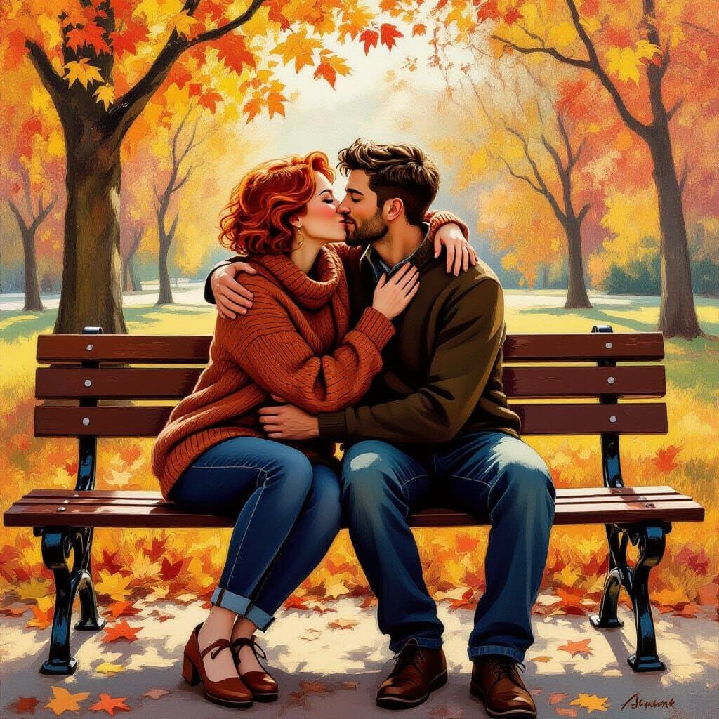 Passionate Couple Embracing on Park Bench in Autumn