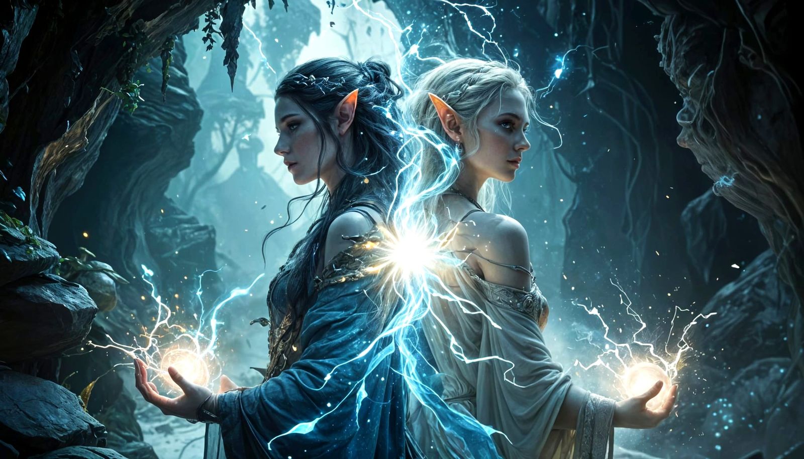 Elven Mages in Grotto, Art Nouveau Style