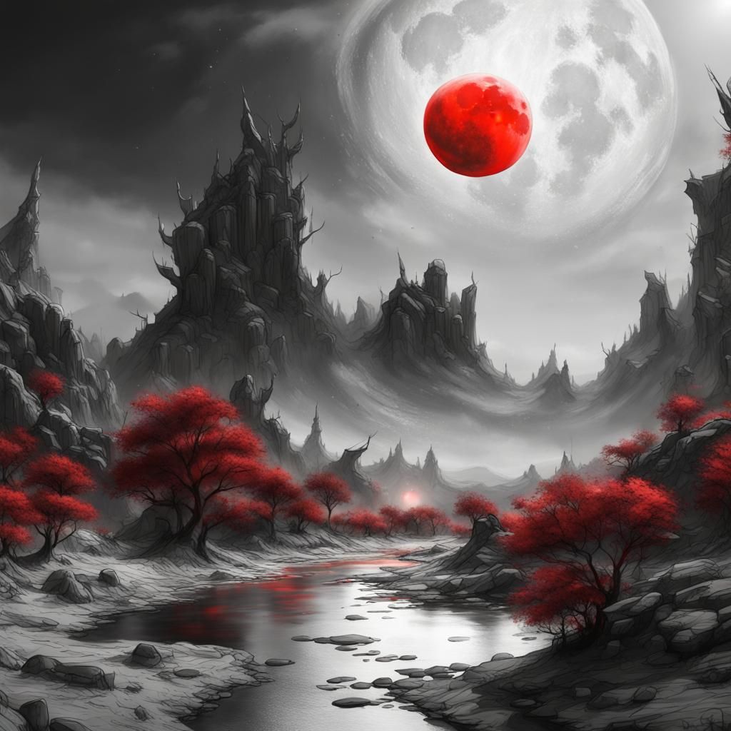 Black and White Ink Painting of a Red Moon
