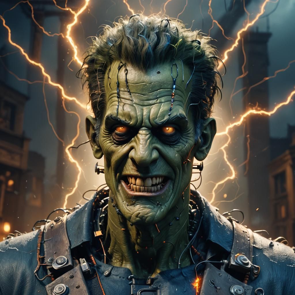 Frankenstein's Monster Grinning, Detailed Matte Painting