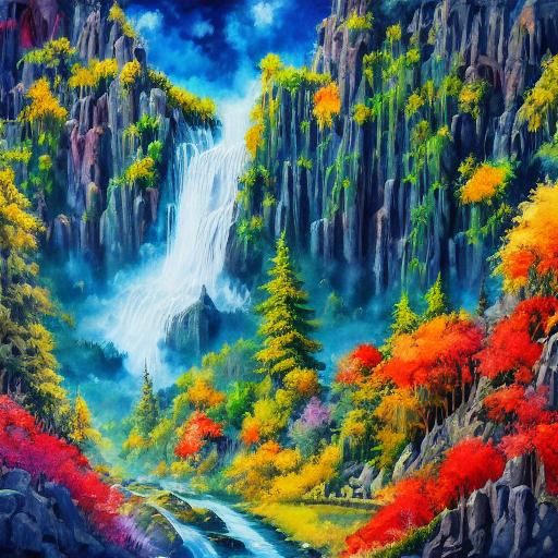 Waterfall in Mountain Landscape Illustration