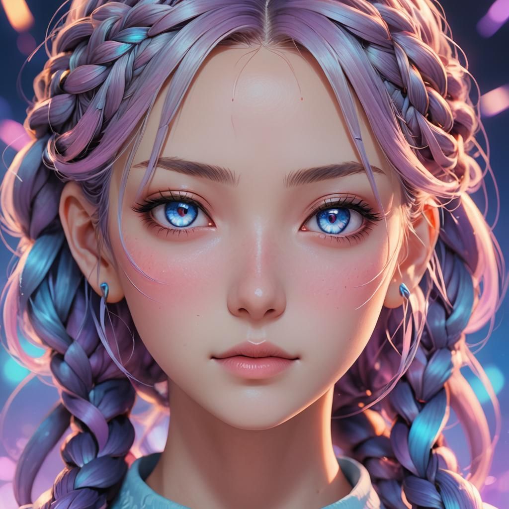 Anime Girl Portrait with Braided Hair in 3D