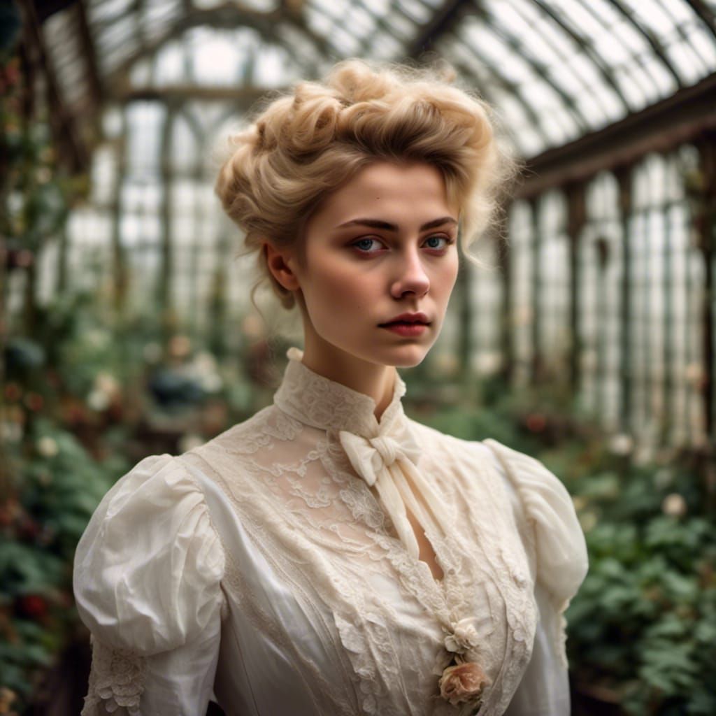 Edwardian Woman in Victorian London Greenhouse