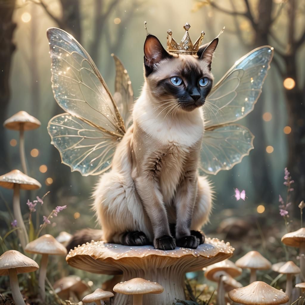 Fairy Siamese Cat on Toadstool in Pastel Fantasy Art