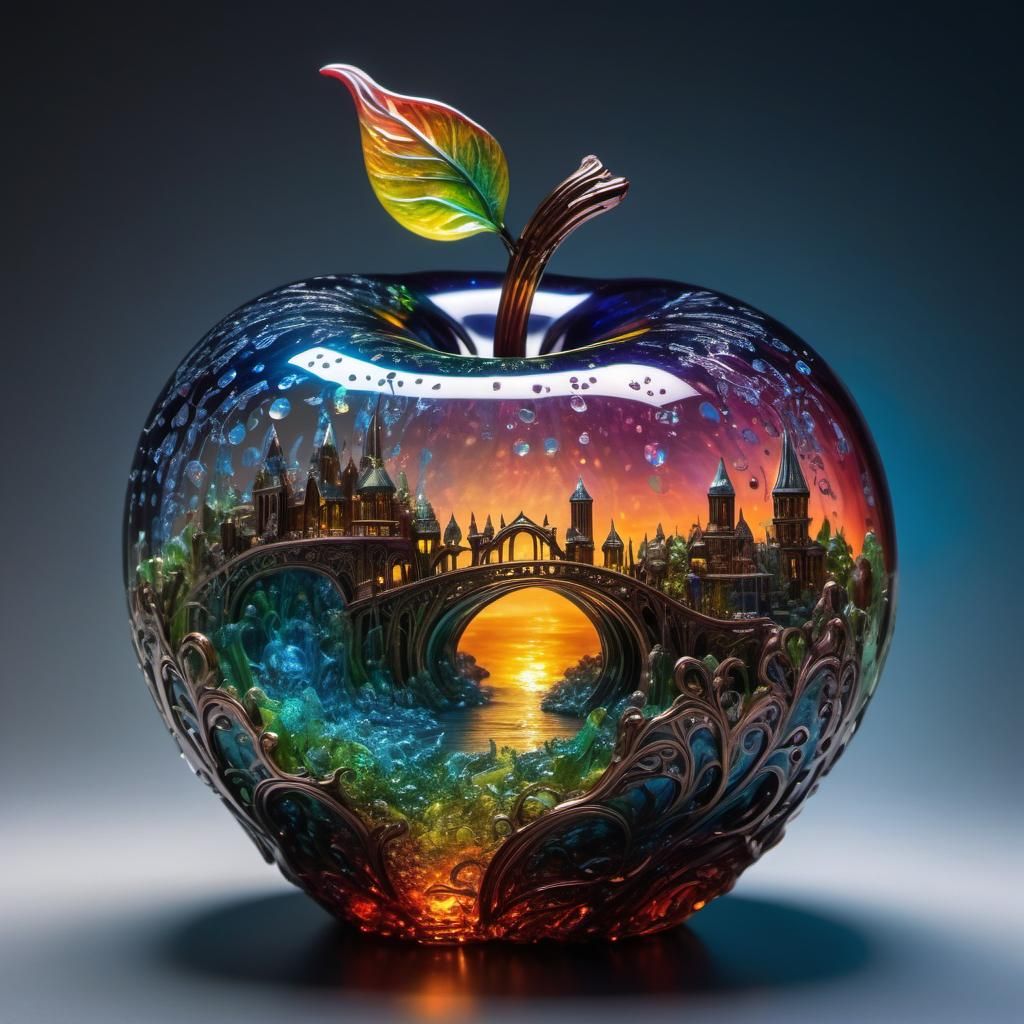 crystal glass sculpture in the shape of an apple, containing elven city