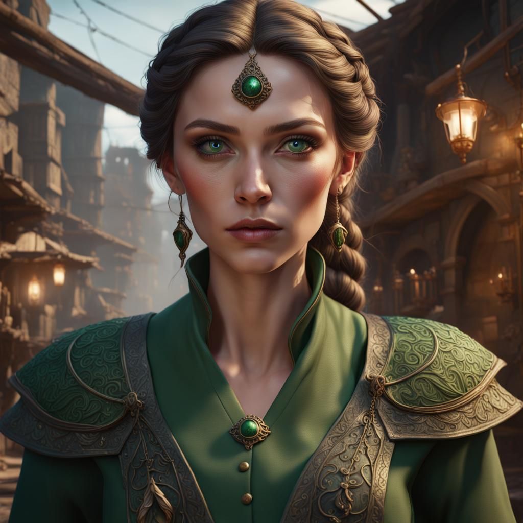 Green-Eyed Shoemaker Woman in Detailed Matte Painting