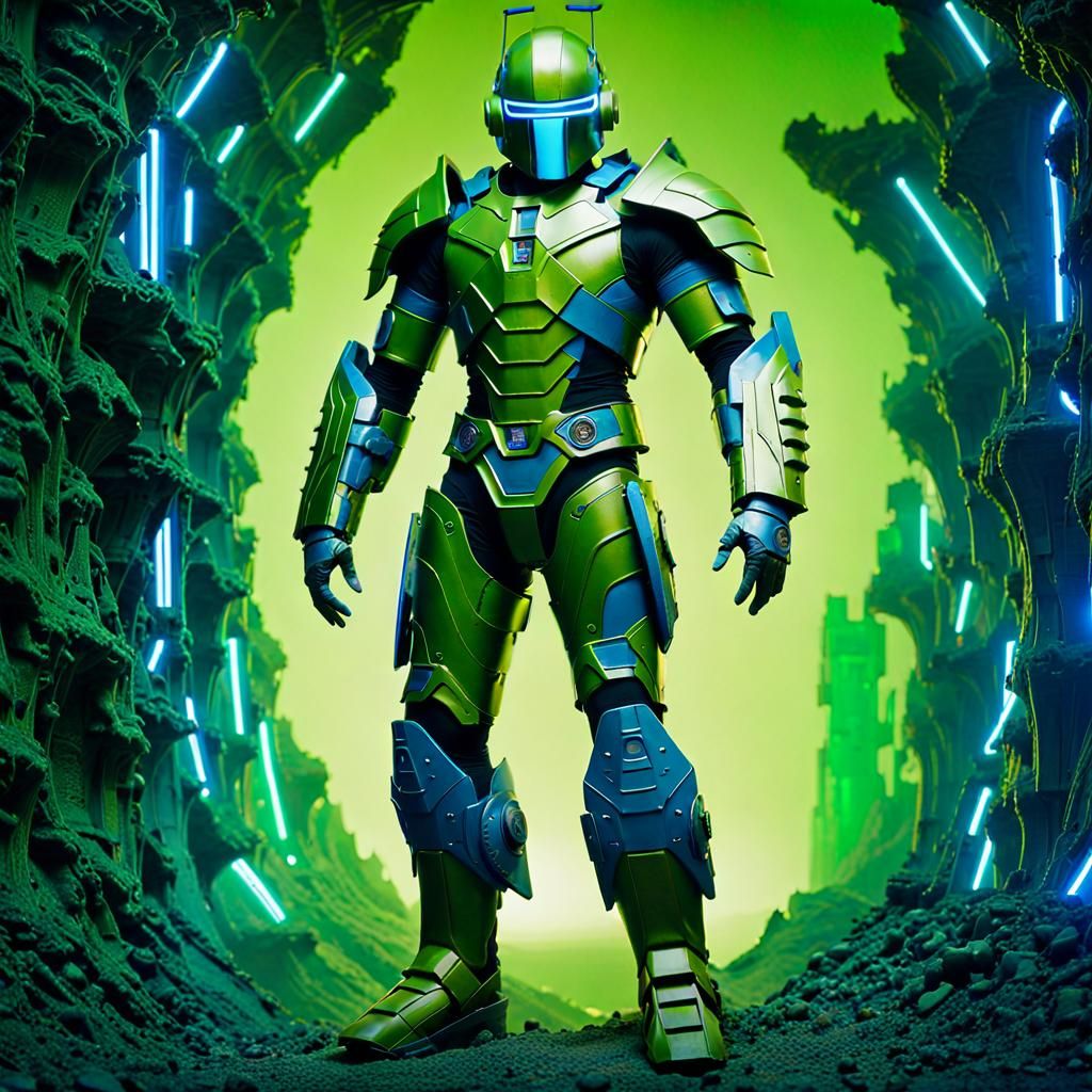 Green Cyborg Warrior in Broken Tech Pit