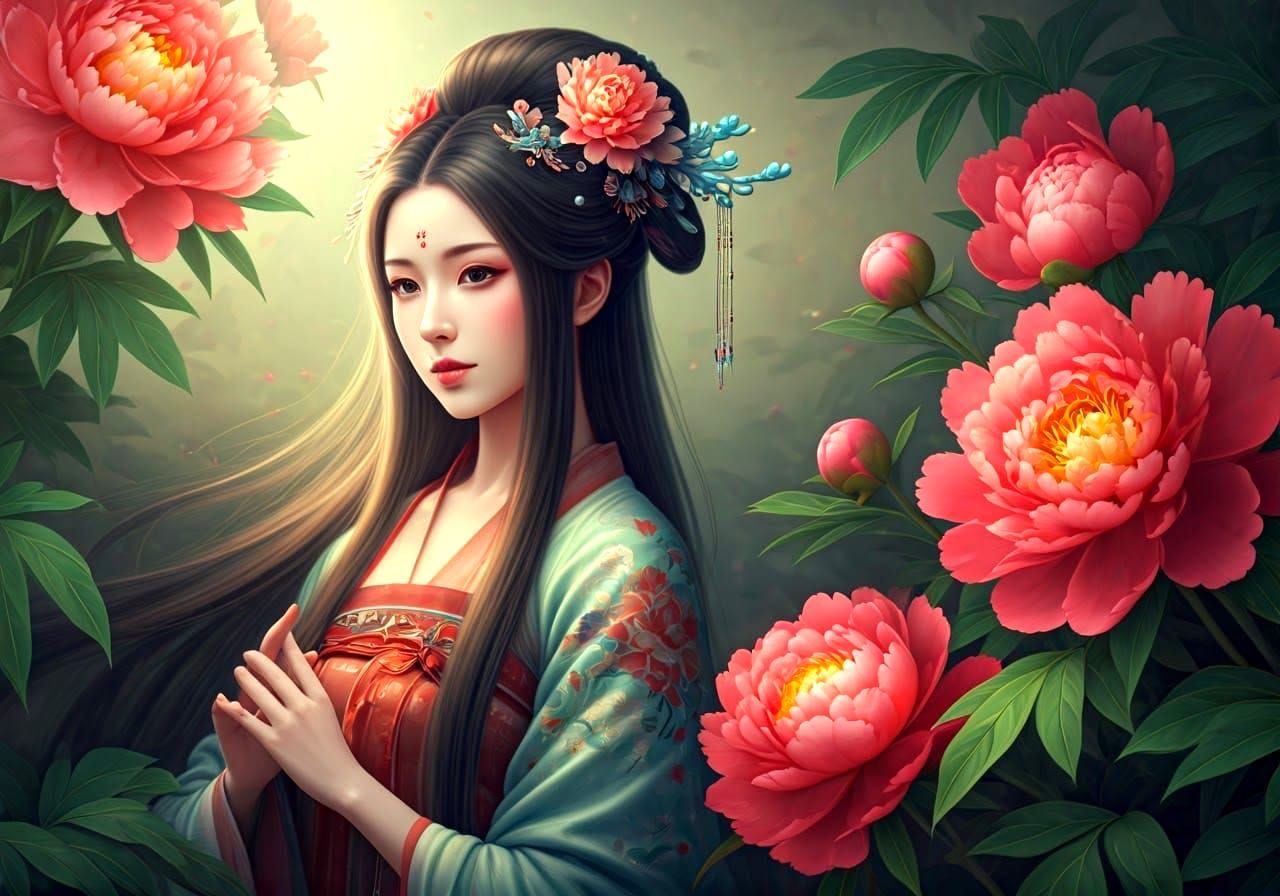 Elegant Lady Amidst Vibrant Peonies in Traditional Attire