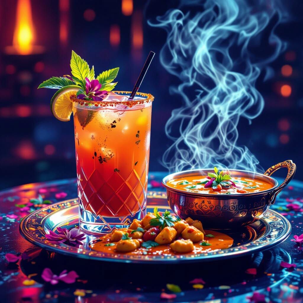 Vibrant Indian Cocktail and Curry, in Futuristic Style