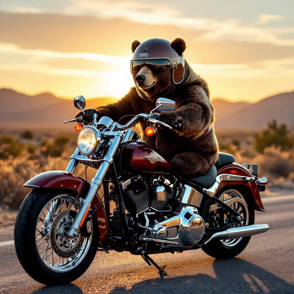 Brown Bear Rider on Harley in Dramatic Sunset