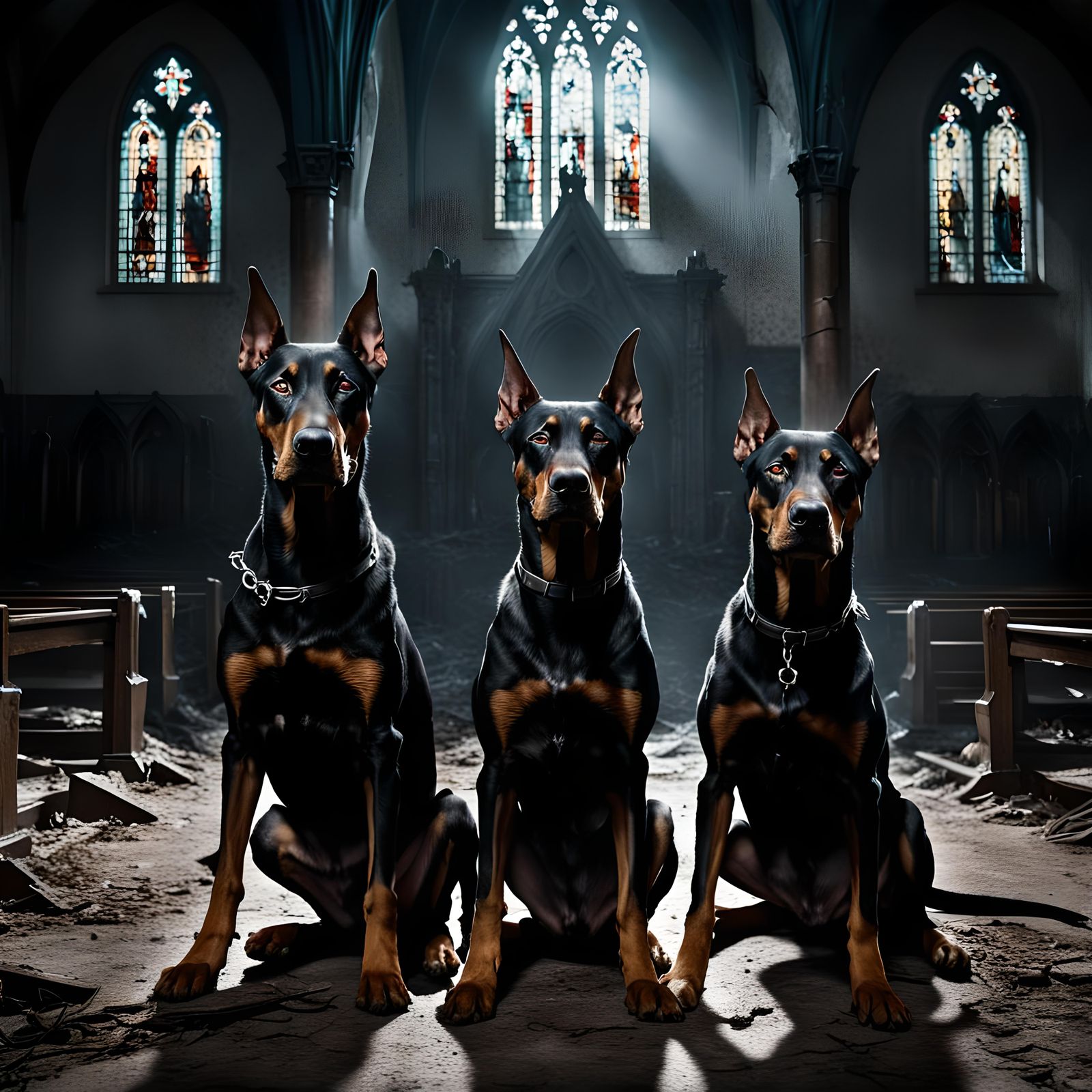 Three Dobermans in Horror Engraving Style