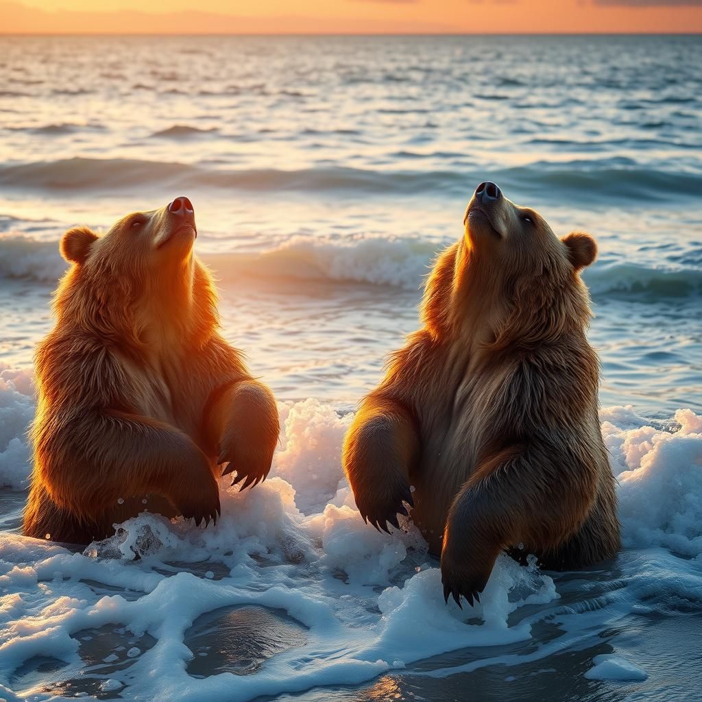 Majestic Bears Grooming at Sunset: Hyper-Realistic Art