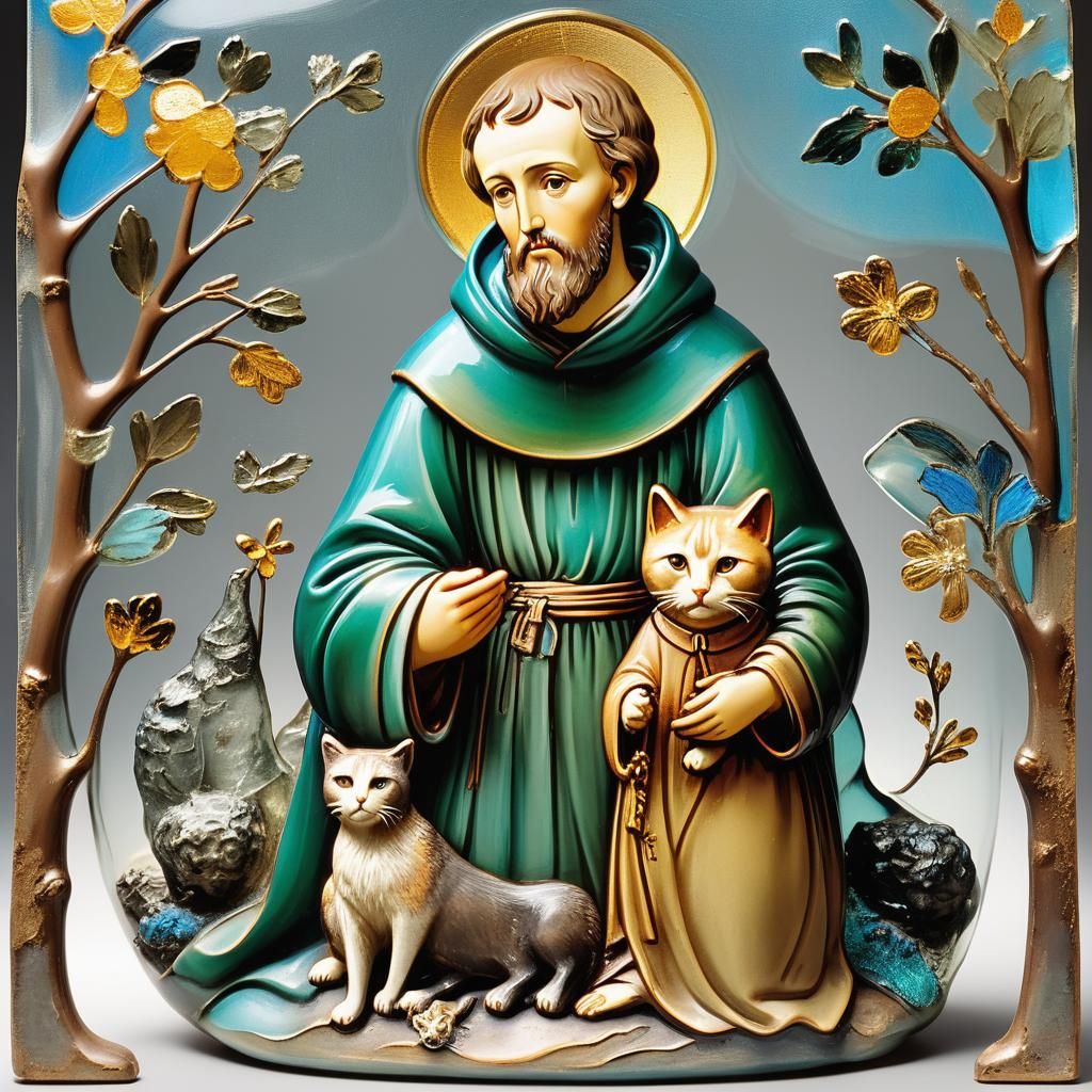 Saint Francis and Cat Enameled Glass Figurines