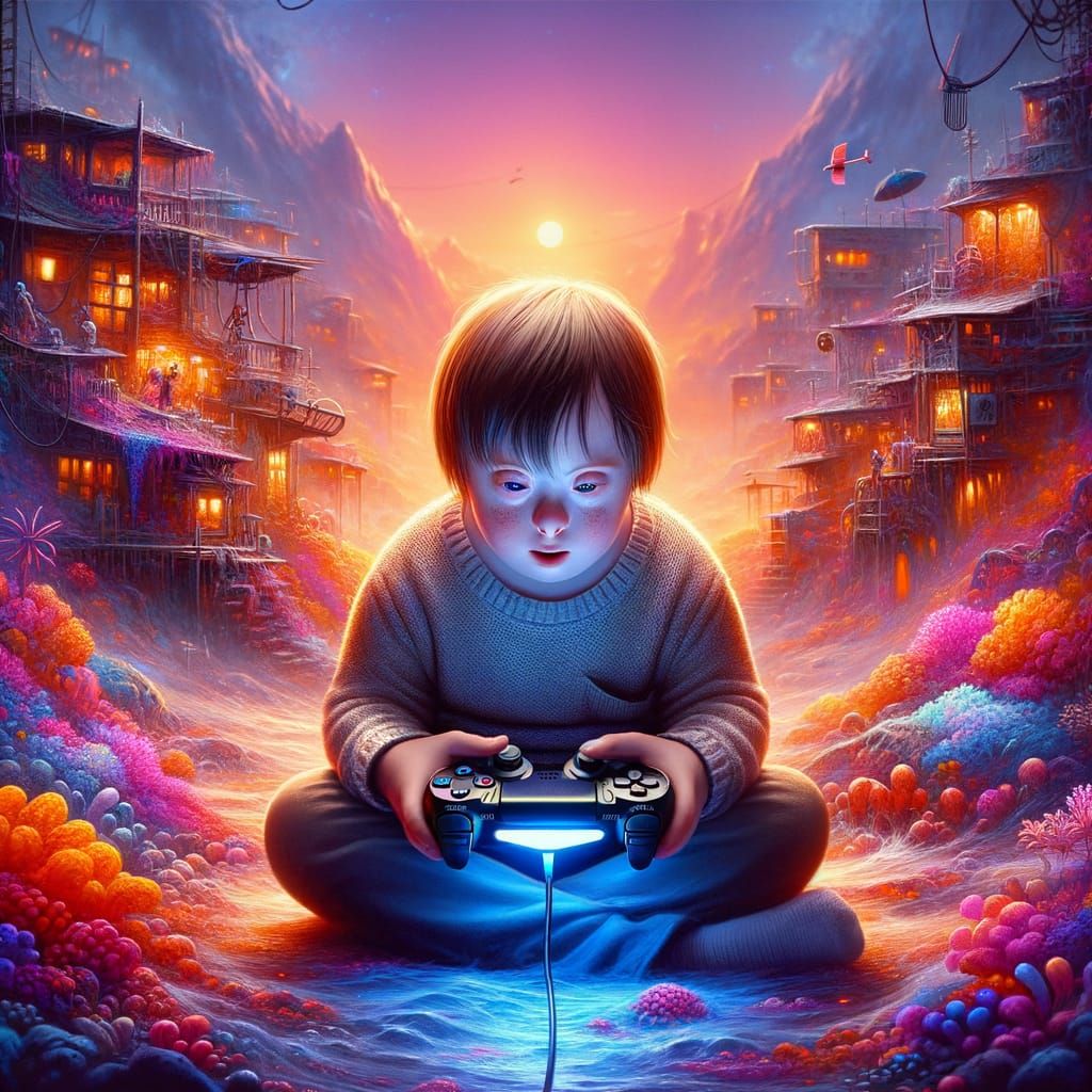 Child with Down Syndrome Playing PlayStation as Matte Painti...