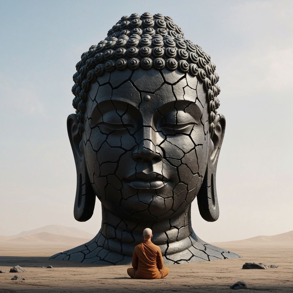 Giant Basalt Buddha Head with Monk in Desert Landscape