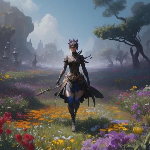Silhouette Girl in a Fantastical Flower Field